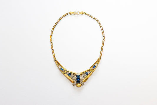 Authentic McClelland Barclay Art Deco gold plated and blue rhinestones necklace from the 1930s