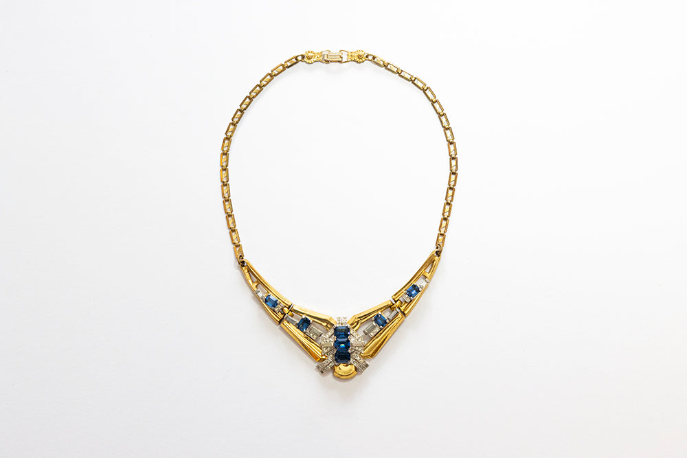 Authentic McClelland Barclay Art Deco gold plated and blue rhinestones necklace from the 1930s