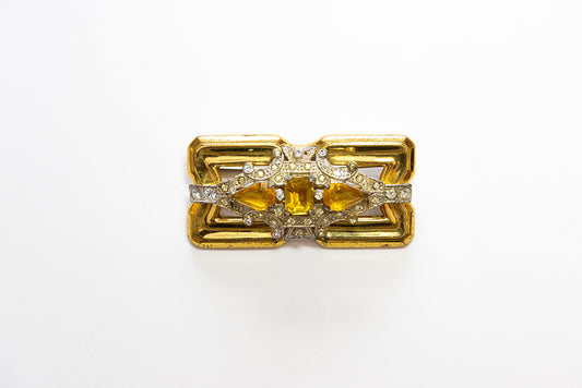 late Art Deco rectangular brooch signed McClelland Barclay made by Rice-Weiner gold plated with yellow and clear rhinestones
