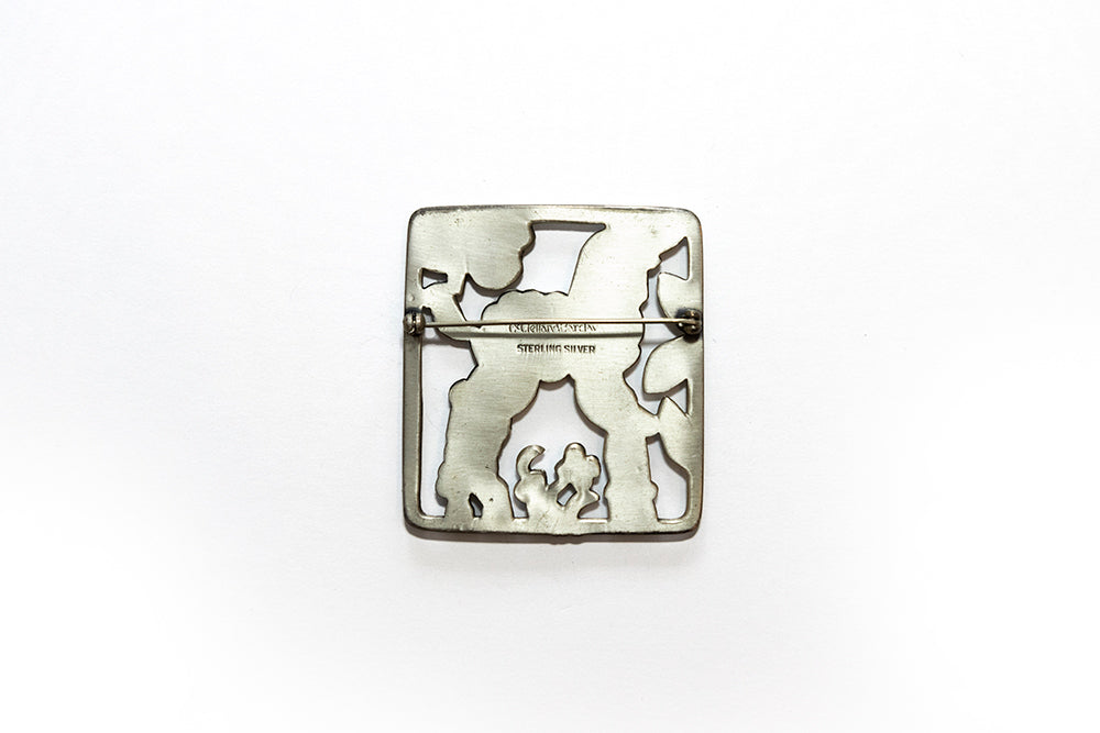 Back view of McClelland Barclay sterling silver lamb brooch with square frame shows sterling and makers marks