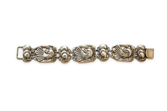 McClelland Barclay Art Deco dove bracelet made in sterling silver in the repoussé style