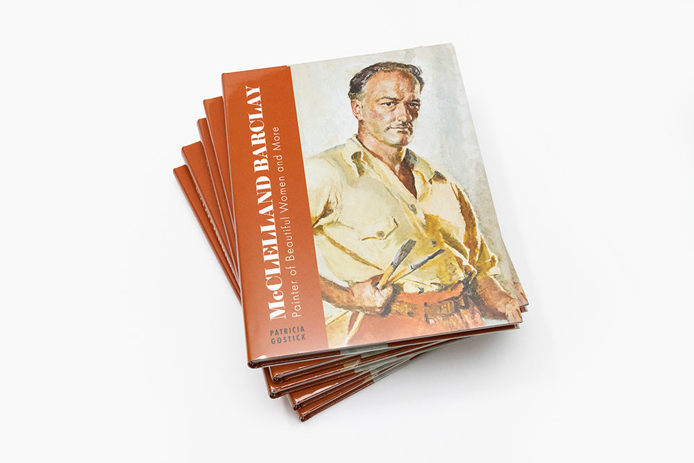 A stack of the gorgeously illustrated biography titled "McClelland Barclay: Painter of Beautiful Women and More" by author and collector Patricia Gostick